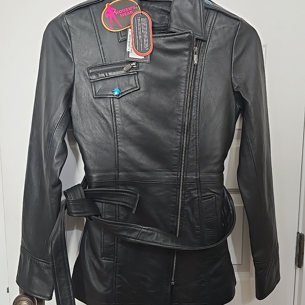 Truly Naked Daniel Smart Co. Women’s Black Leather Belted Moto Jacket